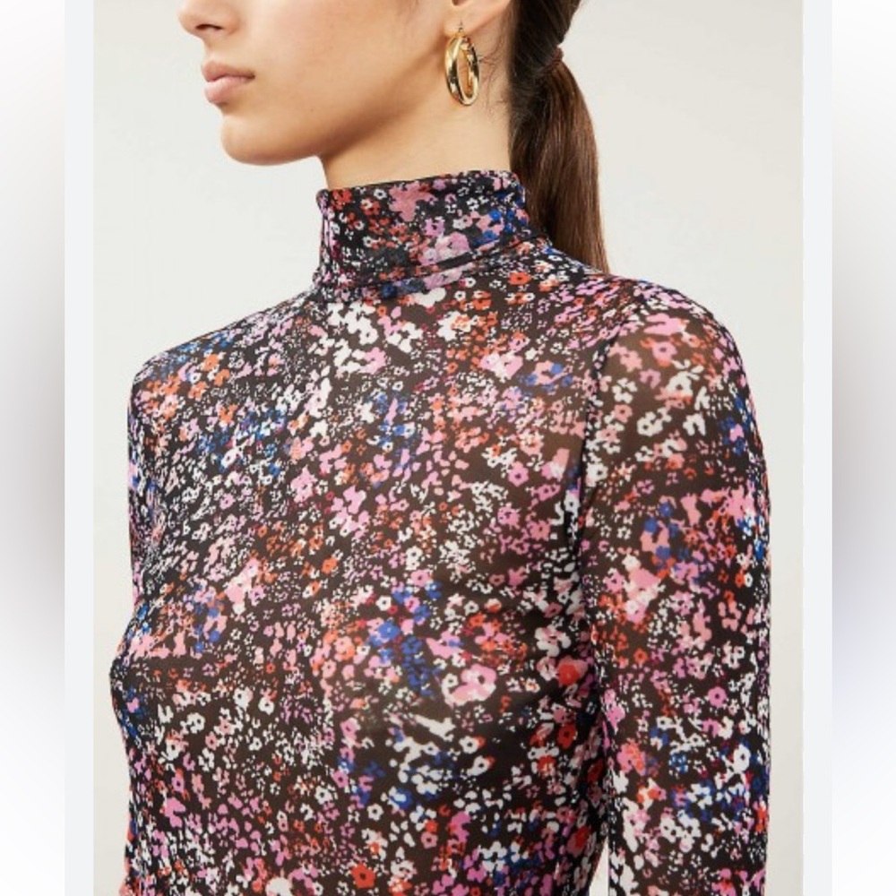 Maje Floral Print Mesh Long-sleeve Top Size Small/XS